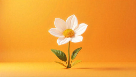 Single white flower with yellow center on orange backgroundの写真素材