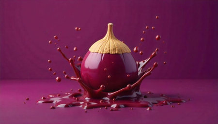 Abstract magenta sphere with fluid splash against matching backdropの写真素材