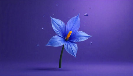 Elegant blue flower with water droplets on purple backgroundの写真素材