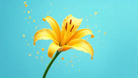 Vibrant yellow lily flower against light blue background displayの写真素材