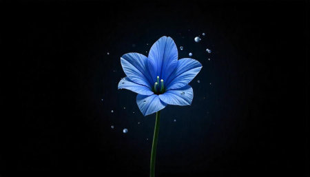 Single vibrant blue flower isolated on a dark backgroundの写真素材