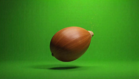 Single onion floating against vibrant green background studio shotの写真素材