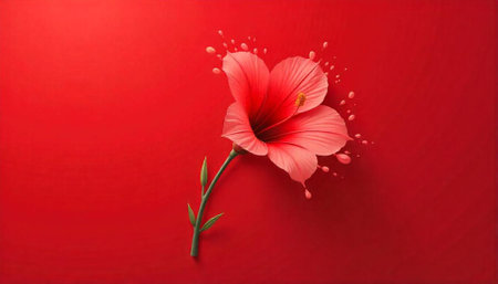Single red hibiscus flower on matching solid color background