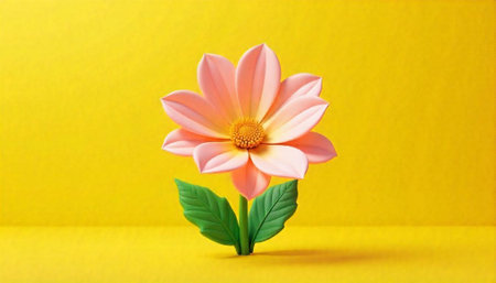 Single pink flower on yellow background stock image backdrop