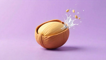 Stylized coconut with milk splash on light purple background