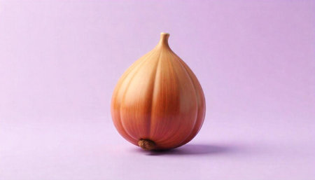 Isolated onion on a lilac background in studio lightingの写真素材