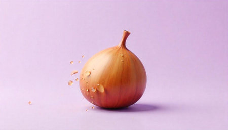 Studio shot of onion with water droplets on violet backgroundの写真素材