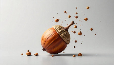 Large acorn with small acorns levitating in a studio settingの写真素材
