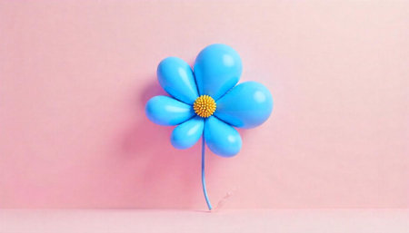 Blue balloon flower standing on pink background studio shotの写真素材
