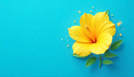 Bright yellow hibiscus flower on light blue background studioの写真素材