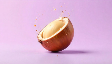 Sliced coconut with milk splash on purple background
