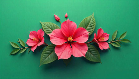 Pink hibiscus flowers and leaves on a green background