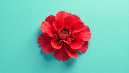 Red flower on a turquoise background. Bold and vibrantの写真素材