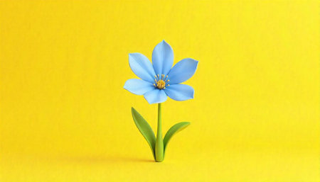 Blue flower on yellow background minimal and bright display