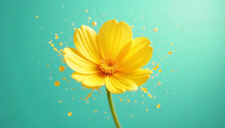 Bright yellow flower on turquoise background with floating particles