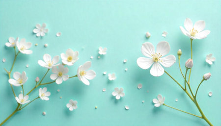 White flower blossoms on light blue background flat lay