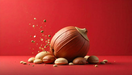 Nutritious hazelnut composition with flying particles on red background