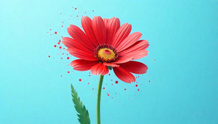 Vibrant red gerbera daisy flower with light blue backgroundの写真素材
