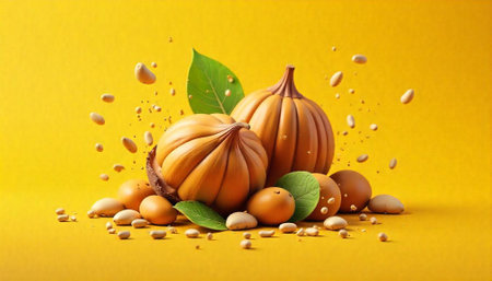 Autumn harvest with pumpkins and seeds on yellow backgroundの写真素材