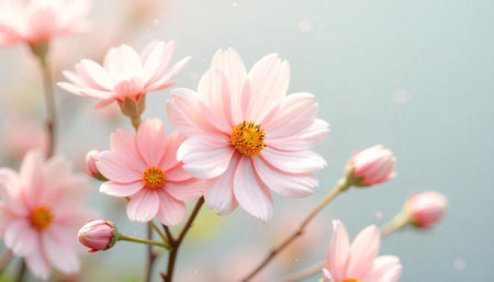 Soft pink cosmos flowers with gentle dreamy bokeh backgroundの写真素材