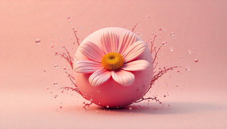 Pink flower blooms around a sphere with water droplets