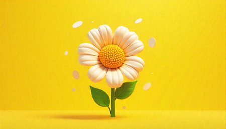 Cute daisy flower on bright yellow background, 3D renderingの写真素材