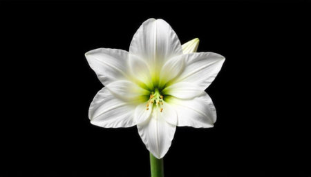 Elegant white Amaryllis flower with vibrant center on black backgroundの写真素材