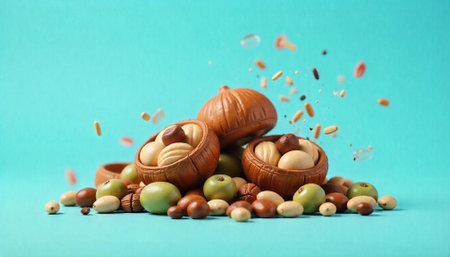 Variety of nuts and seeds still life on turquoise