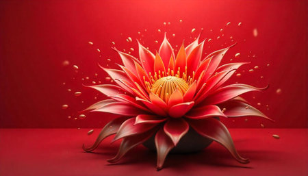 Vibrant lotus flower with red petals and golden centerの写真素材