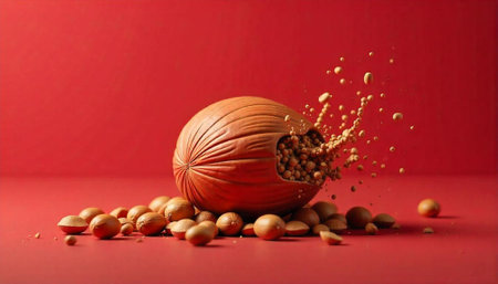 Abstract still life of nut and falling small seeds