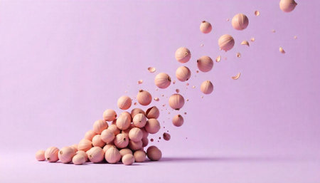 Abstract light purple background with pink onion shapes fallingの写真素材