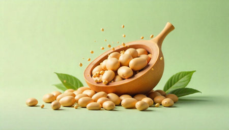 Soybeans in a wooden bowl and green leavesの写真素材