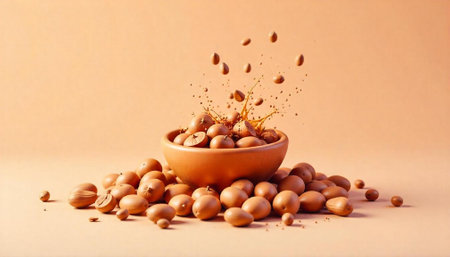 Bowl of fresh nuts with splash on light orange backgroundの写真素材
