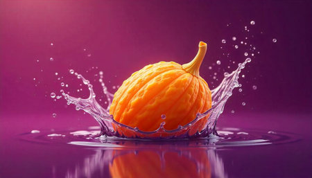 Pumpkin splashing in water on purple background with ripplesの写真素材