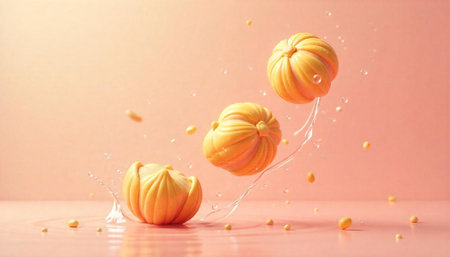 Stylized Pumpkins with Water Droplets on a Pink Surface