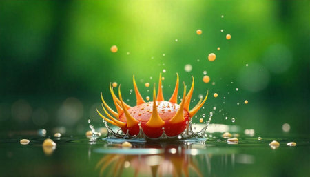 Abstract spiky fruit falling into water surface splash