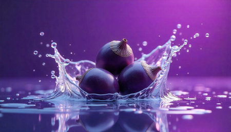 Eggplants in water splash on a purple backgroundの写真素材