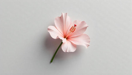 Single pink hibiscus flower on pale background close up