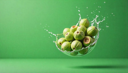Fresh Indian gooseberries with water splashes against green backdropの写真素材