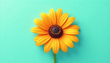 Radiant yellow flower blossom on light teal backgroundの写真素材