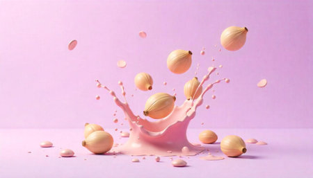 Shallots and splash on pink background for advertising conceptの写真素材
