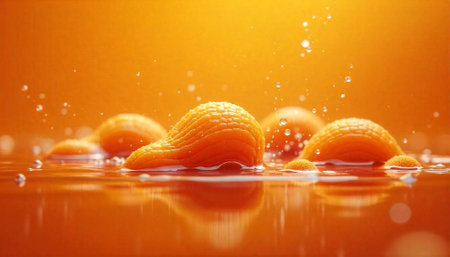Orange textured forms with liquid surface and water dropletsの写真素材