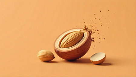 Wooden styled nuts with seeds and explosion of dotsの写真素材