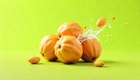 Fresh quince fruits with splash on green background still life