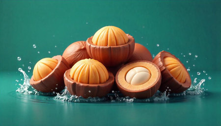 Mangosteen fruit pieces floating in water with teal backdrop