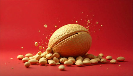 Stylized nuts composition on red background, food concept illustration