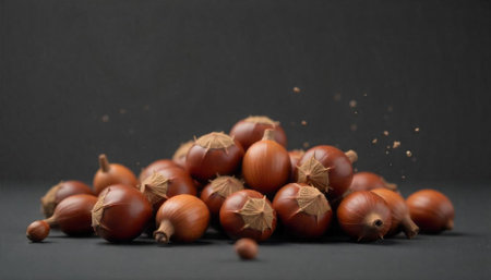 Pile of fresh chestnuts on a grey background surfaceの写真素材