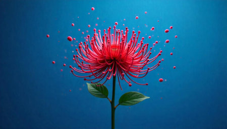 Vibrant red spider lily with scattered beads against blueの写真素材