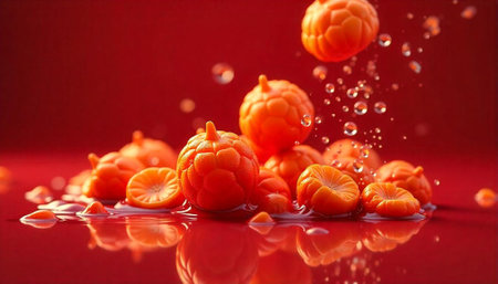Orange fruit still life with drops and red backdropの写真素材