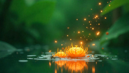 Glowing orange aquatic flora on a tranquil water surfaceの写真素材
